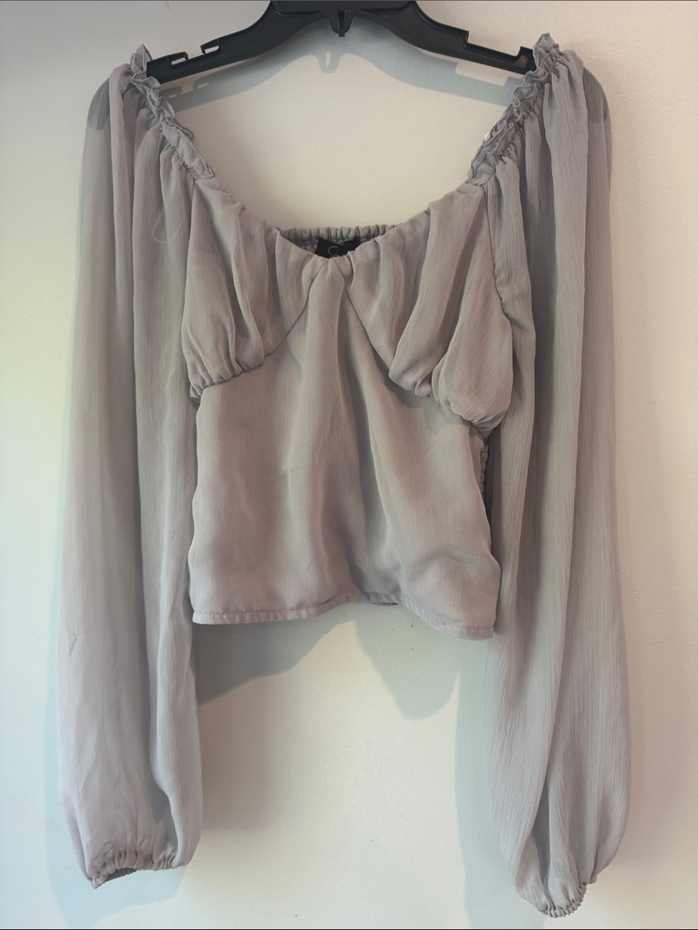 Japna Gray Milk Maid Smocked Back Crop Blouse with Sheer Balloon Sleeve